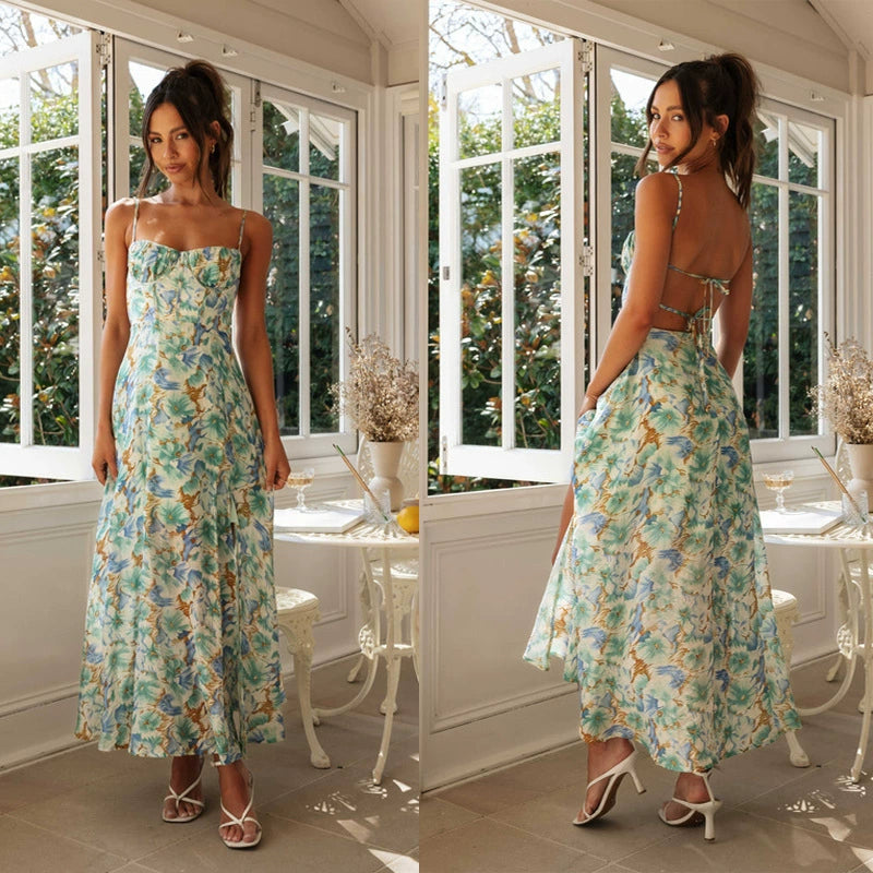 Europe and America Cross Border Summer 2024 New Suspender Print Hem Slit Backless Long Dress
