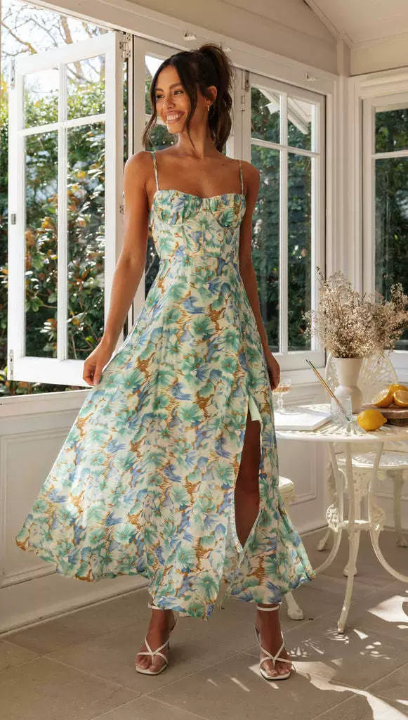 Europe and America Cross Border Summer 2024 New Suspender Print Hem Slit Backless Long Dress