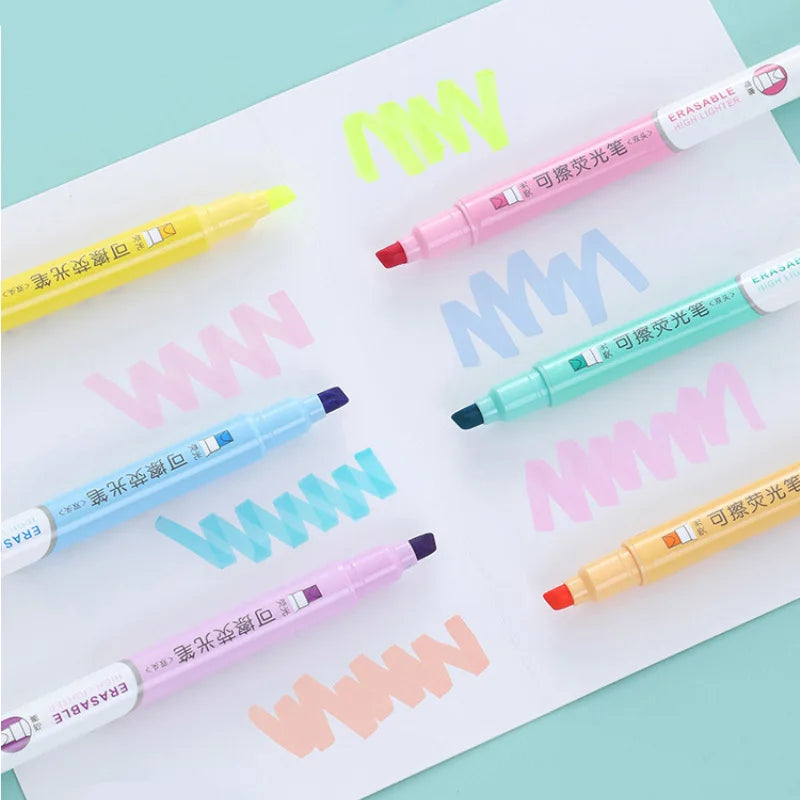 6pcs Erasable Highlighters Pastel Markers Dual Tip Fluorescent Pen for Art Drawing Doodling Marking School Office Stationery