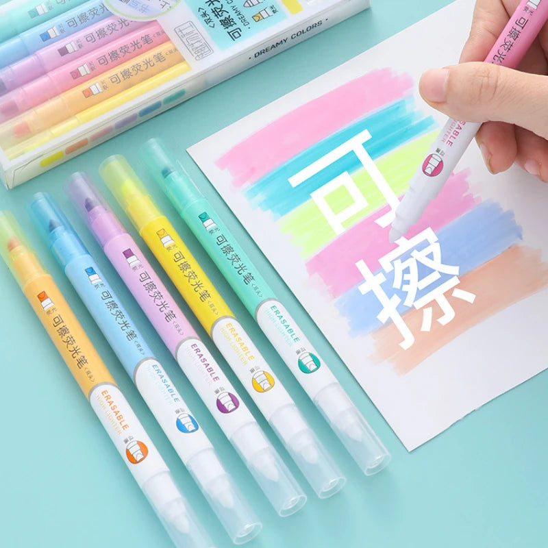 6pcs Erasable Highlighters Pastel Markers Dual Tip Fluorescent Pen for Art Drawing Doodling Marking School Office Stationery