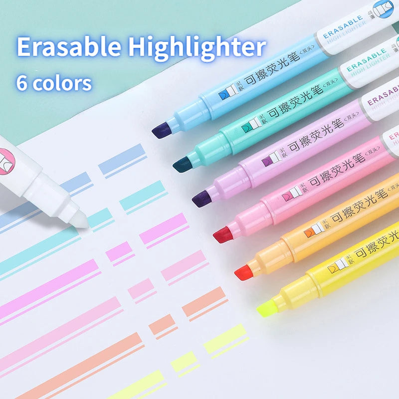 6pcs Erasable Highlighters Pastel Markers Dual Tip Fluorescent Pen for Art Drawing Doodling Marking School Office Stationery