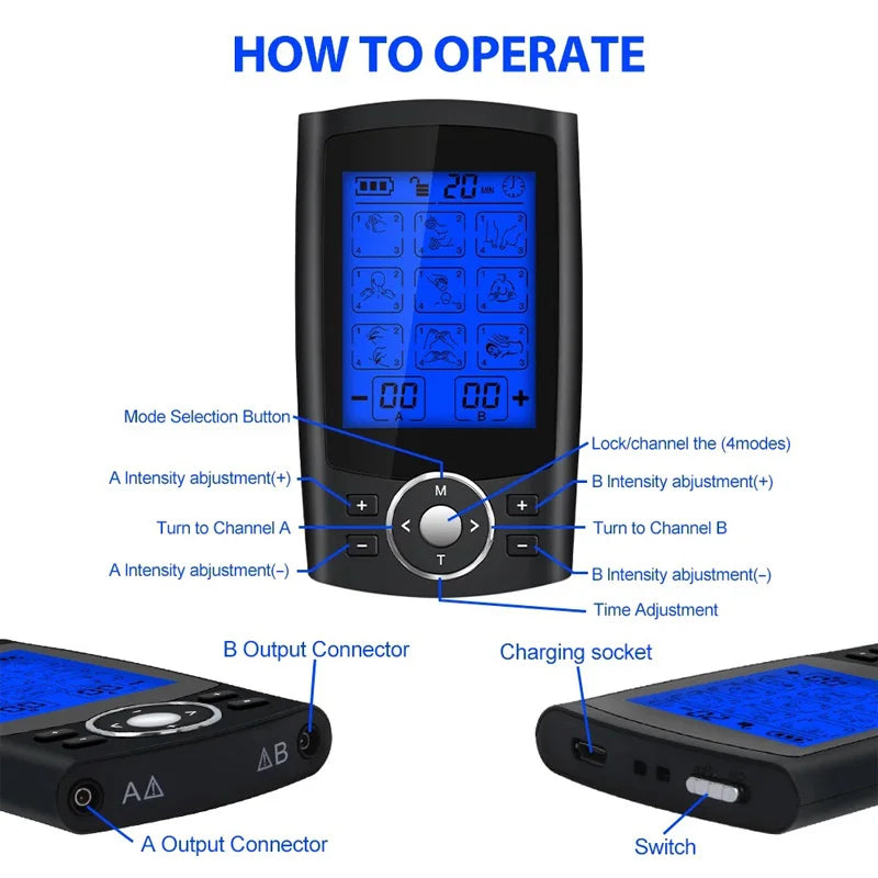 Unit 24 Modes 20 Intensity Electric Stimulation Tens Massager Muscle EMS Therapy Pain Relief Adjustable Lightweight LCD Display
