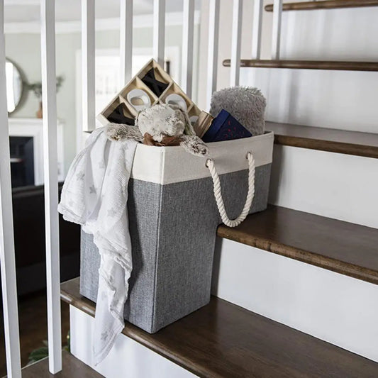 Foldable Stair Basket Portable Cotton Rope Handle Heavy Duty Fabric Carpeted Wooden Staircase Storage Organizer Container Holder