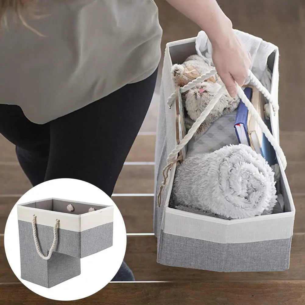 Foldable Stair Basket Portable Cotton Rope Handle Heavy Duty Fabric Carpeted Wooden Staircase Storage Organizer Container Holder